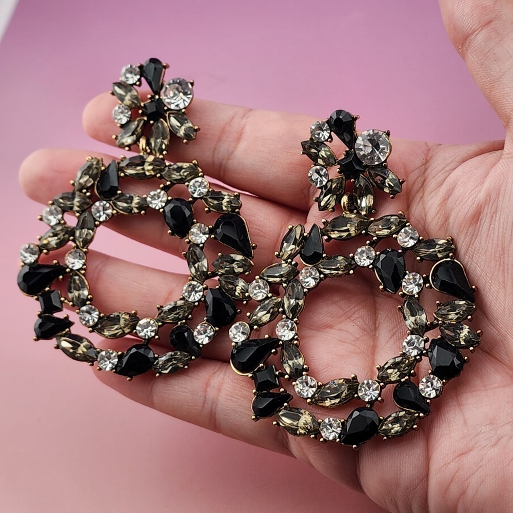 Black Clear Smoky Rhinestone Statement Chandelier Dangle Earrings Gold Tone